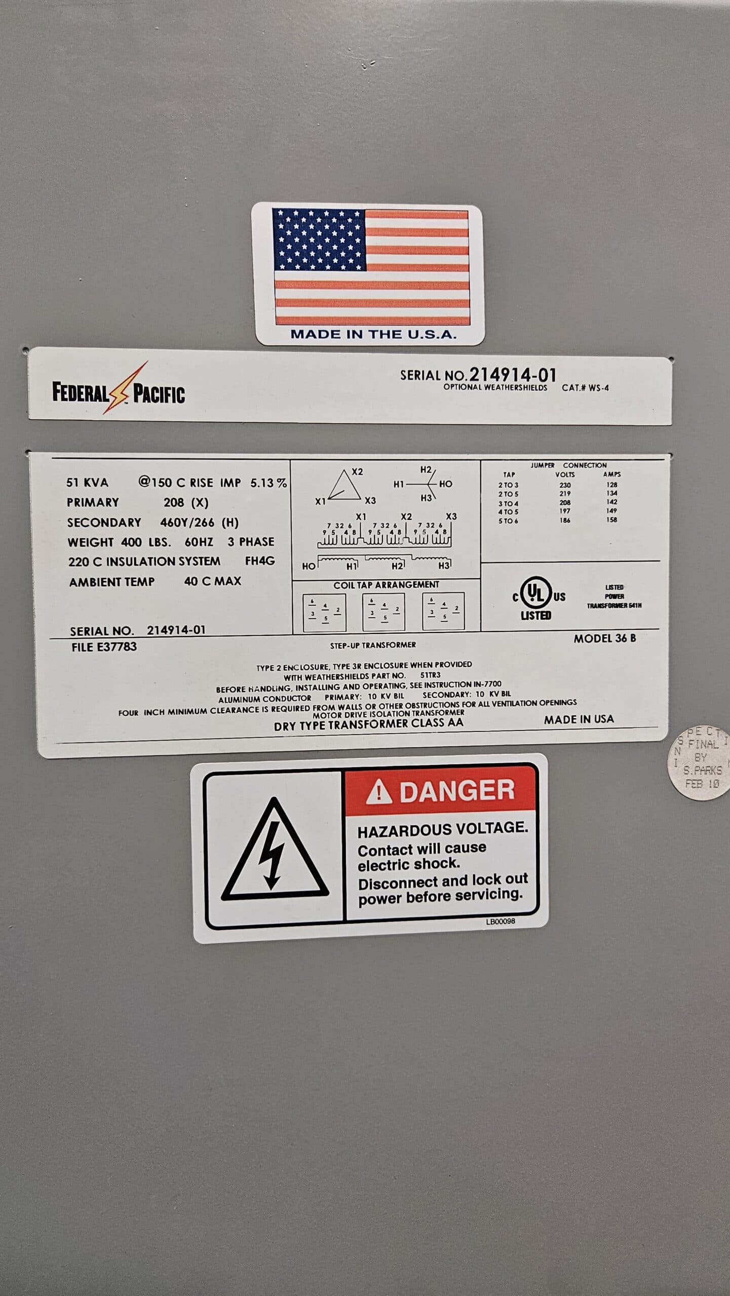 Federal Pacific 51kVA - 208V to 460/266V Three Phase Transformer - Image 3