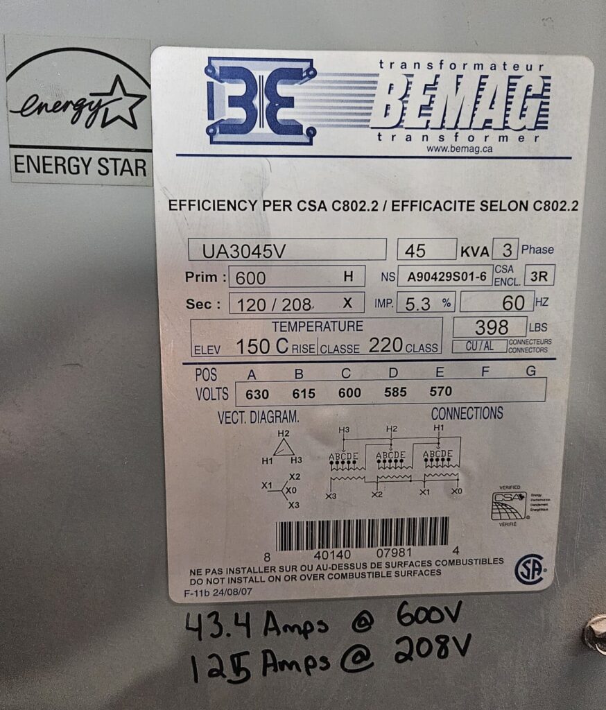 Bemag 45kVA - 600V to 208/120V Three Phase Transformer - Certified ...