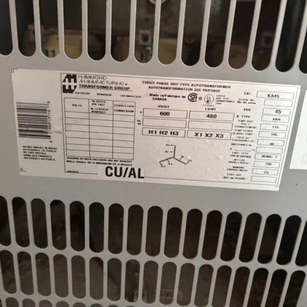 Hammond 45kVA - 600V to 480V Three Phase Transformer - Image 3