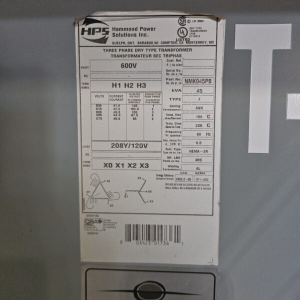 Hammond 45kVA - 600V to 208/120V Three Phase Transformer - Image 3
